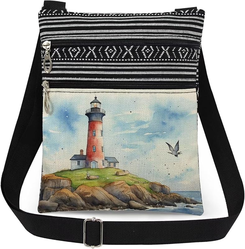Lighthouse Coastal Art Print Adjustable Crossbody Bag Present Travel Storage Messenger Bag Lighthouse Lovers Gift