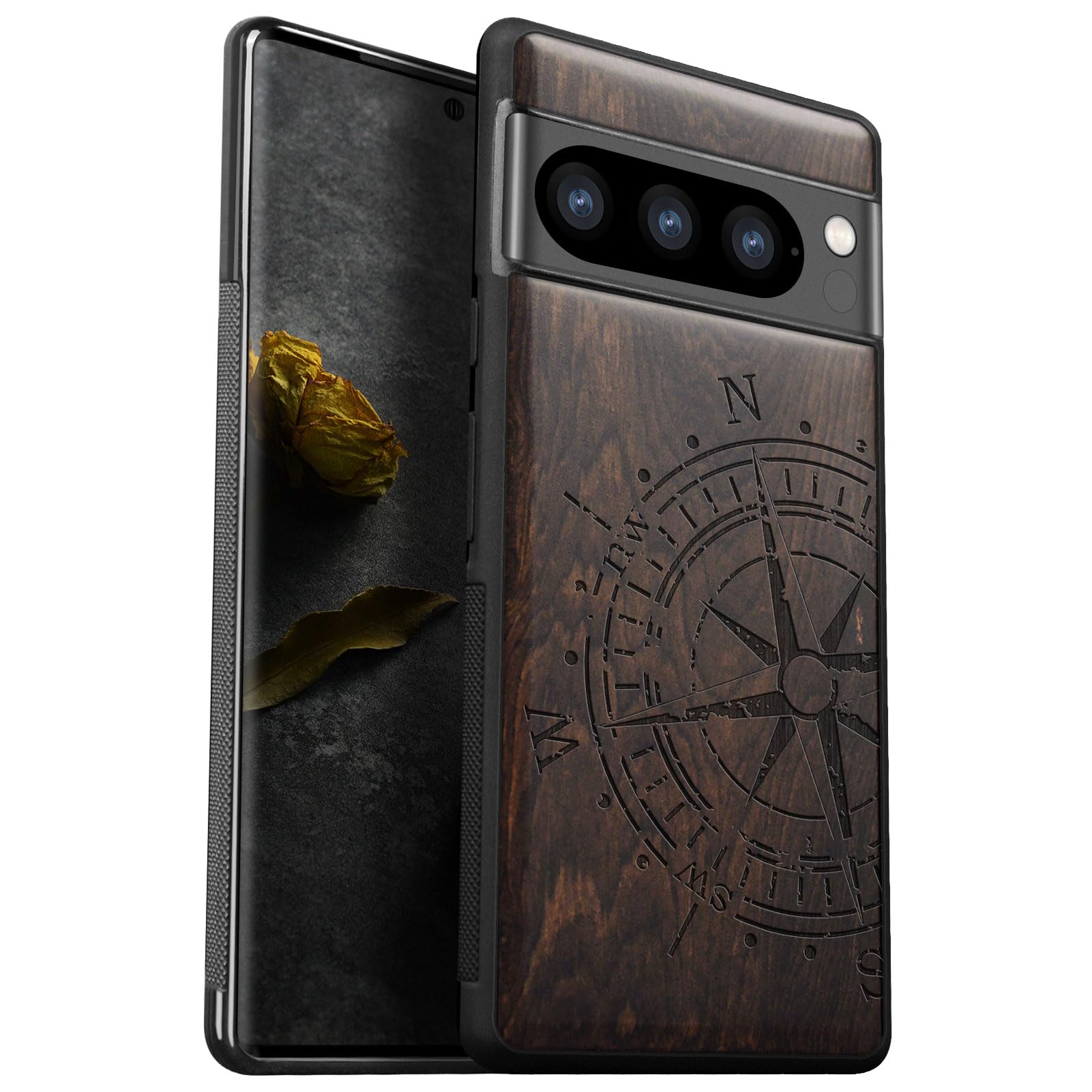 Carveit Wood Case for Pixel 8 Pro - Natural Wood & Black Soft TPU, Shockproof Protective Cover, Unique Wooden Case