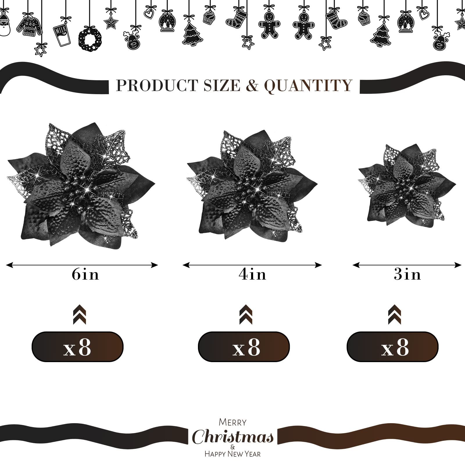 Boao 24 Pieces Christmas Glitter Poinsettia Flowers Artificial Xmas Flowers Wedding Christmas Tree New Year Ornaments (Black) - Image 2