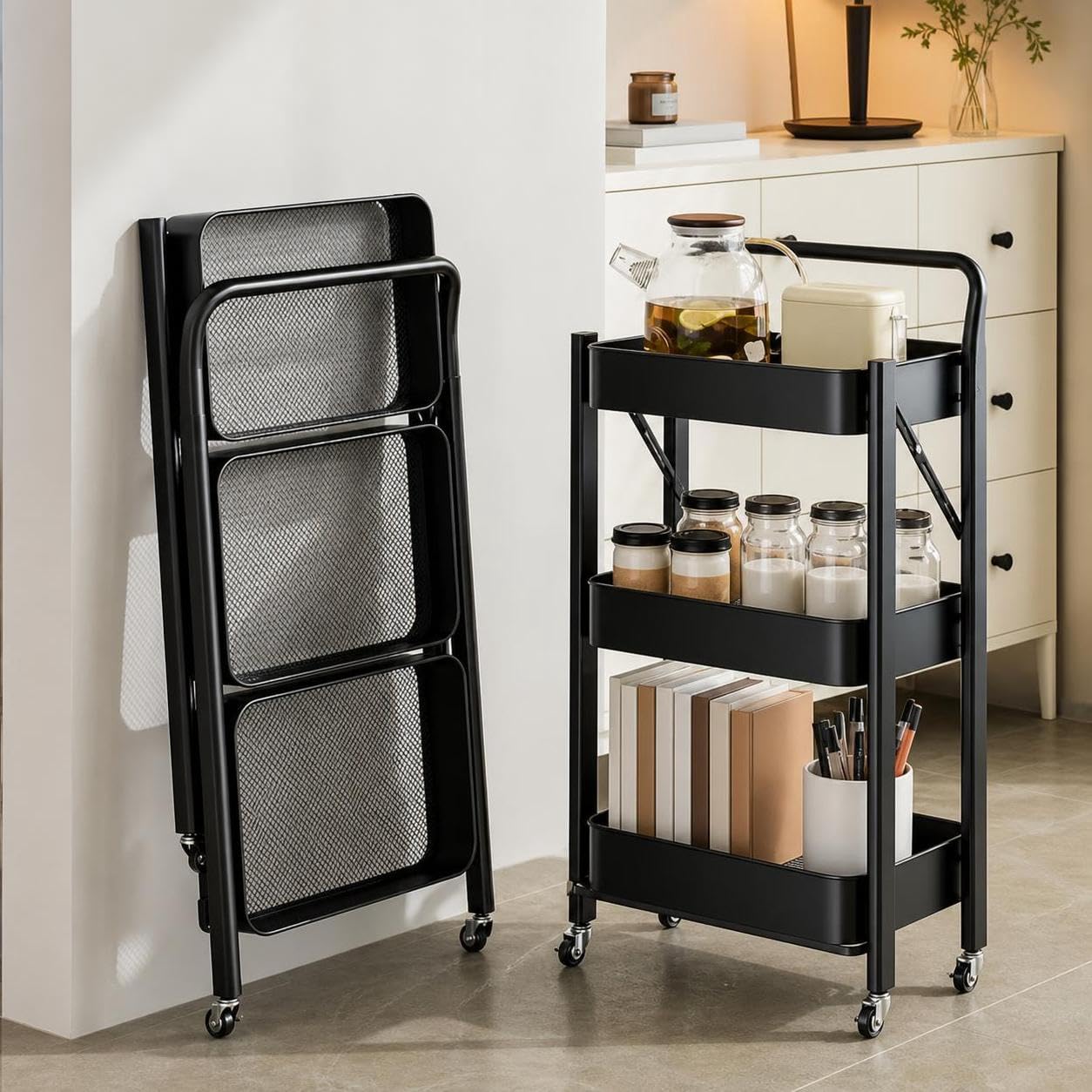 Carrello portaoggetti Mobile Pieghevole, scaffale a 3 Ripiani autoportante per Snack e Libri, scaffale portaoggetti da Cucina e Bagno