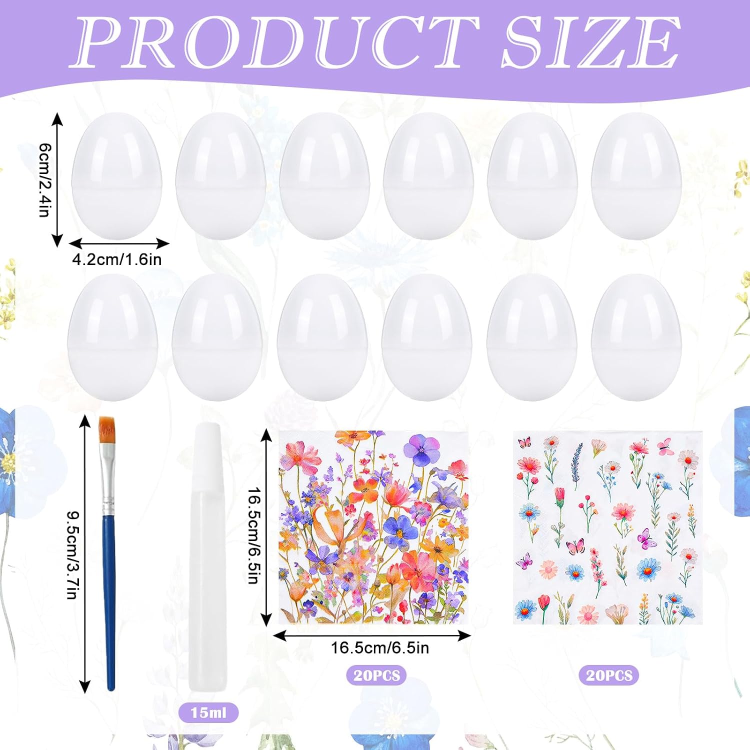 JarThenaAMCS Easter Egg Craft Kit 12 Pcs Plastic Easter Eggs with 40 Pcs Floral Decoupage Paper Napkin DIY Art Crafts Brush Glue Set for Home Office Party Table Decor