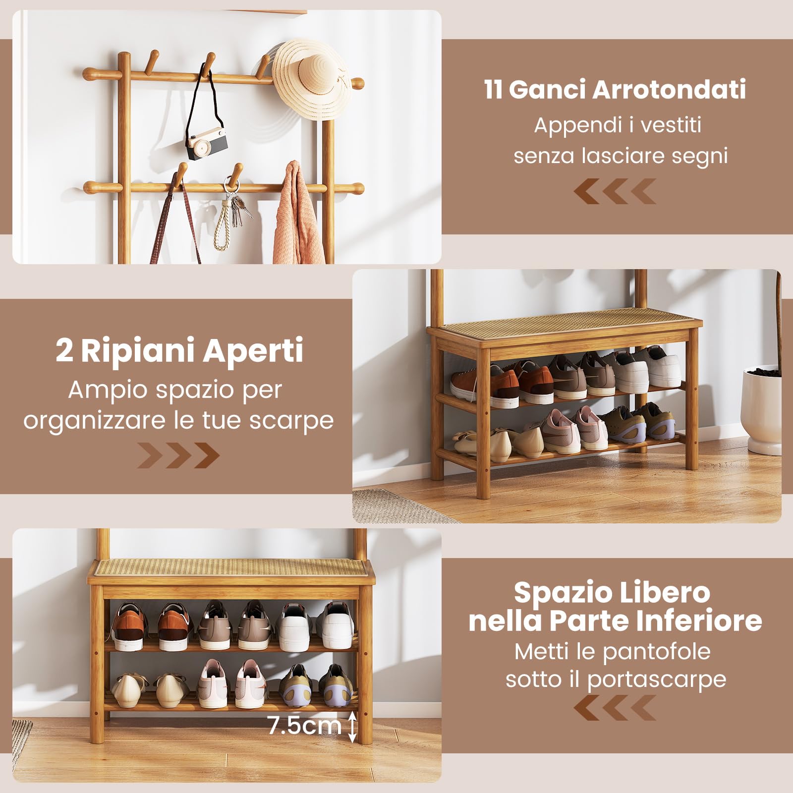COSTWAY 3 in 1 Appendiabiti da Terra in Bambù, Appendiabiti Salvaspazio con Scarpiera a 2 Ripiani, Panca in Rattan PE e 11 Ganci Arrotondati, Mobile Ingresso, 71 x 30 x 169,5 cm (Naturale)