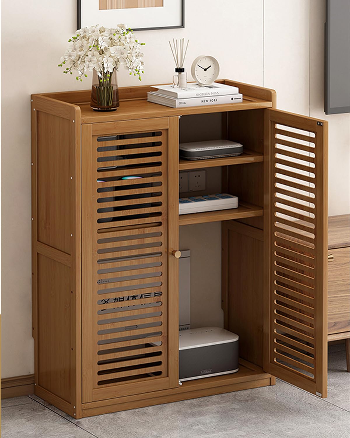 Armoire de rangement murale en bois pour routeur WiFi - Modem décoratif et boîte de rangement de câbles - Forte capacité de charge pour la maison et le bureau - Marron - 59 x 25 x 82 cm - Cache-WiFi