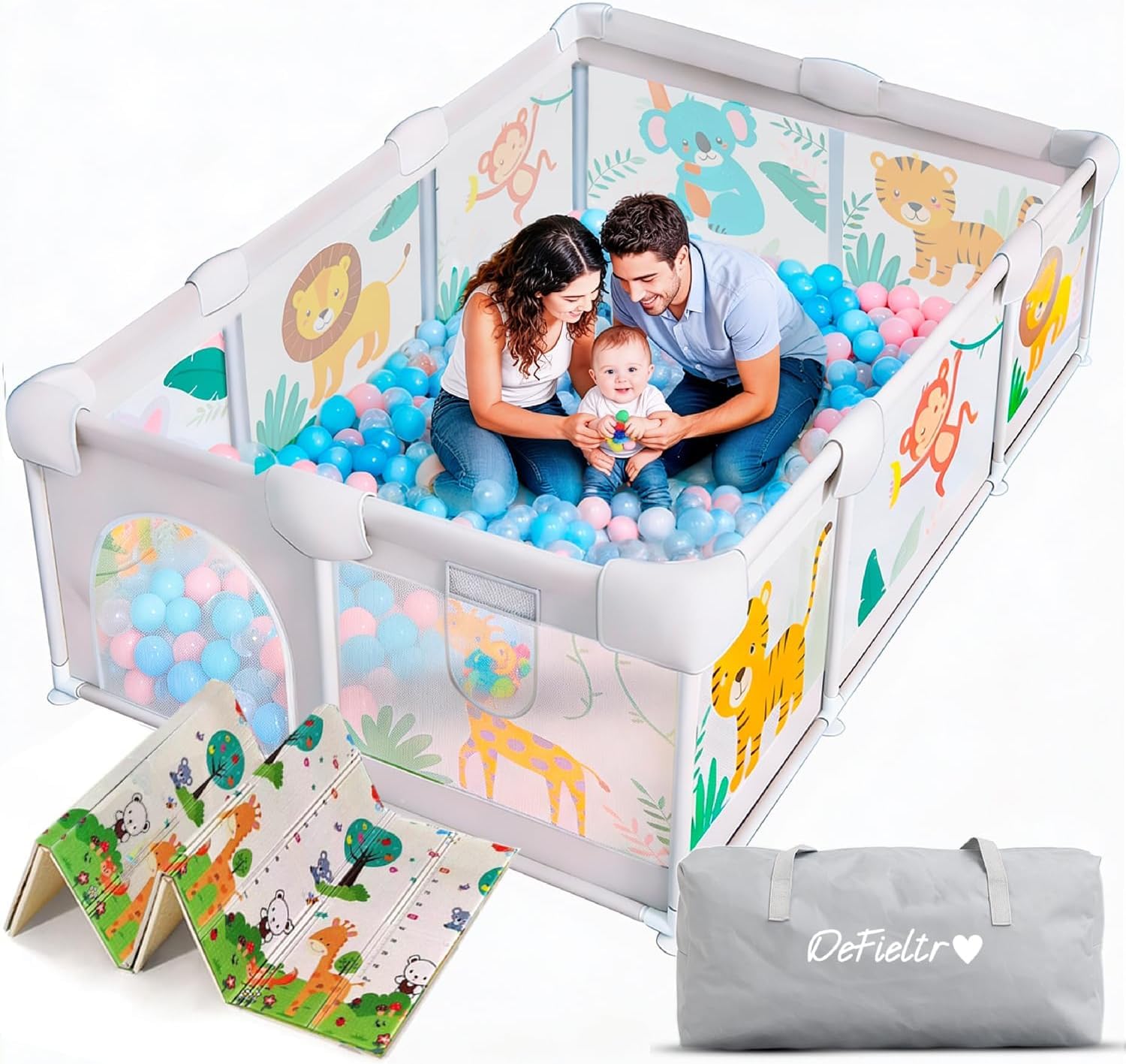 Parque Infantil Bebe de la SELVA 150 x 180 - Corralito Bebe con Malla de Animales Transpirable - Corral Plegable Baby ANTIDESLIZANTE Alfombra Acolchada + 4 Agarres + Bolsa de Transporte
