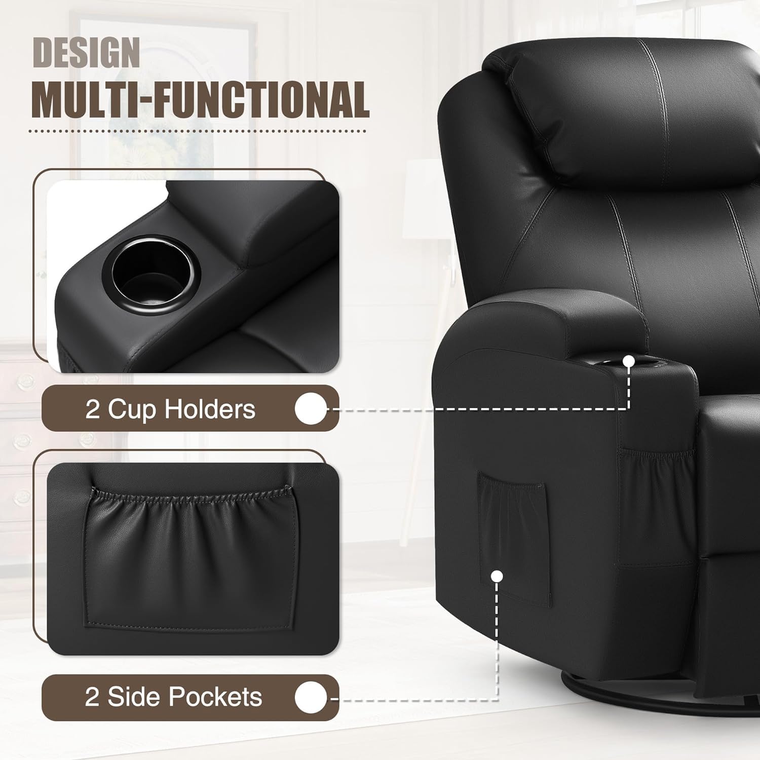 Jummico Recliner Chair, Rocking Massage Chairs, Home Reclining Sofa Chair, Pu Leather, Argonomic Living Room Cup Holders, Remote Control (Black) Jummico Recliner Chair, Rocking Massage Chairs, Home Reclining Sofa Chair, Pu Leather, Argonomic Living Room Cup Holders, Remote Control (Black)