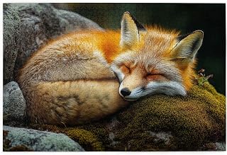 1000 Pieces Adult Wooden Jigsaw Puzzle, Peaceful Sleeping Foxes, Oranges and White Coat, Lush Moss Bedding, Natural Rock Setting, Creative Activity Hobbies for Adult