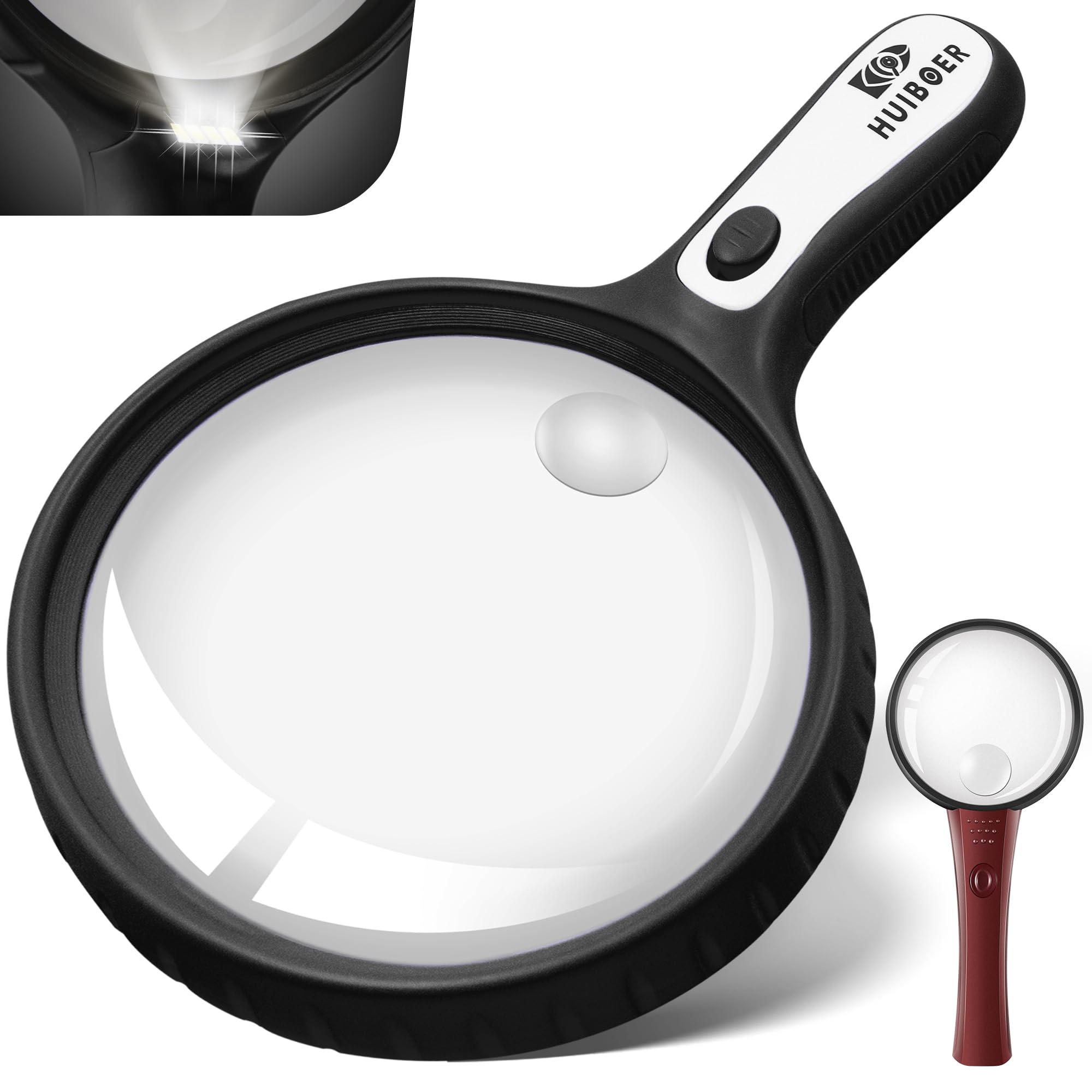 5.3 Inch Large Magnifying Glass with Light, 2 Pack 3X 10X 20X Handheld Magnifier with 4 LED Lights for Elderly and Kids, Reading, Checking, Close Work (Black)
