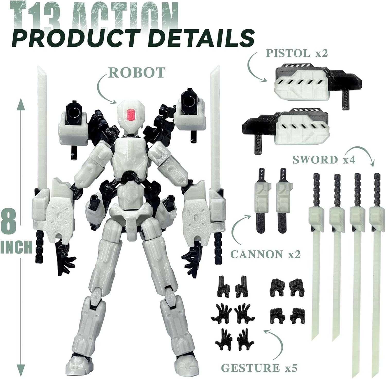 8 inch T13 (Assembly Completed) Action Figure Set,T 13 Action Figure Multi-Articular Mobile Robot Nova T-13,Desktop Decorations for Game Lovers Toys (Luminous Green) - Image 4