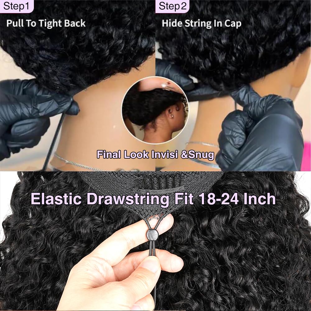 7x6 Burmese Curly Glueless Wigs Human Hair Pre Plucked Pre Cut 250% Density Drawstring Wig Human Hair 7x6 HD Lace Front Wigs Human Hair for Black Women Wear and Go Glueless Wig Natural Color 20inch