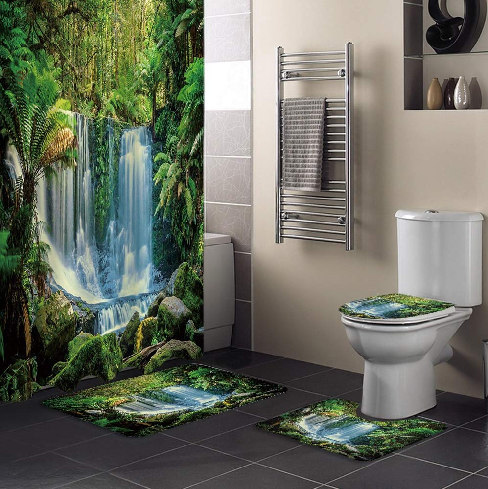DDSDUDES Duschvorhang-Set – 4-teilig Mit Teppichen, Wald-Design, 180x180 Cm