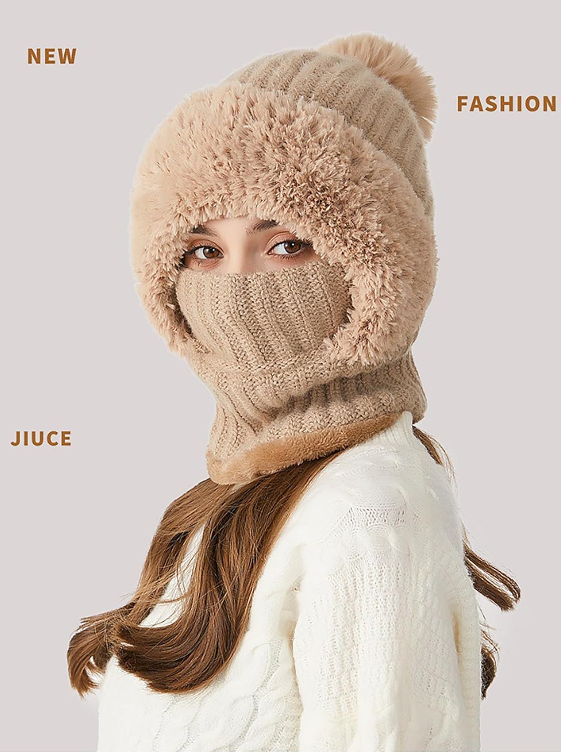 Black Women'S 3-In-1 Knitted Hat With Scarf And Mask, Knitted Fleece-Lined Warm Ski Scarf And Mask Set - Image 4