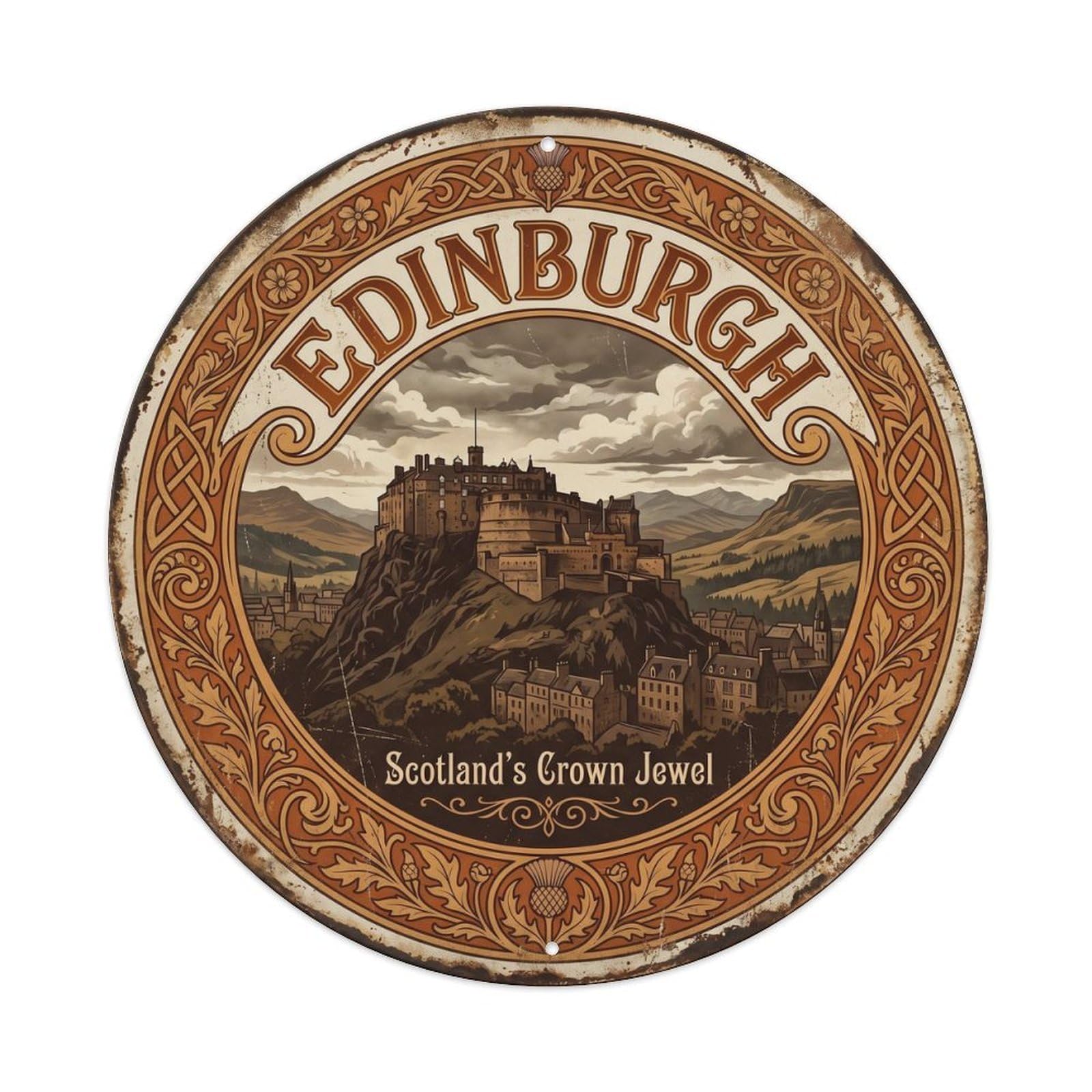 Cmhok Vintage Style Vintage Travel Edinburgh Castle Scotland Metal Tin Sign Plaque Wall Decor For Cafe, Club, Garden Round Metal Poster 8X8inch