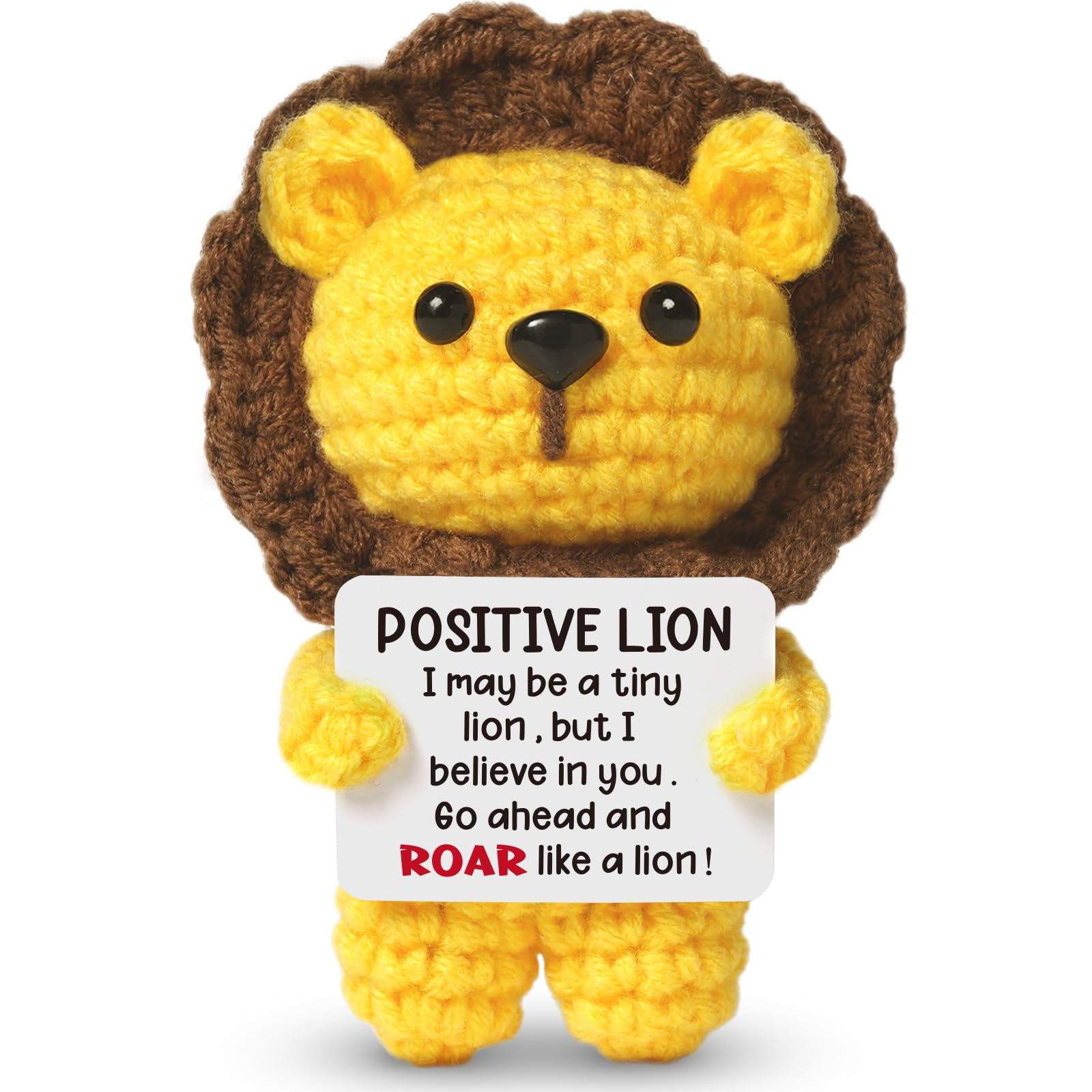 Sayregifty Mini Positive Crochet Lion, Cute Handmade Emotional Support Crochet Stuffed Animal Plush Inspirational Cheer Up Gifts for Women Men, Funny Christmas Birthday Gifts for Women Men