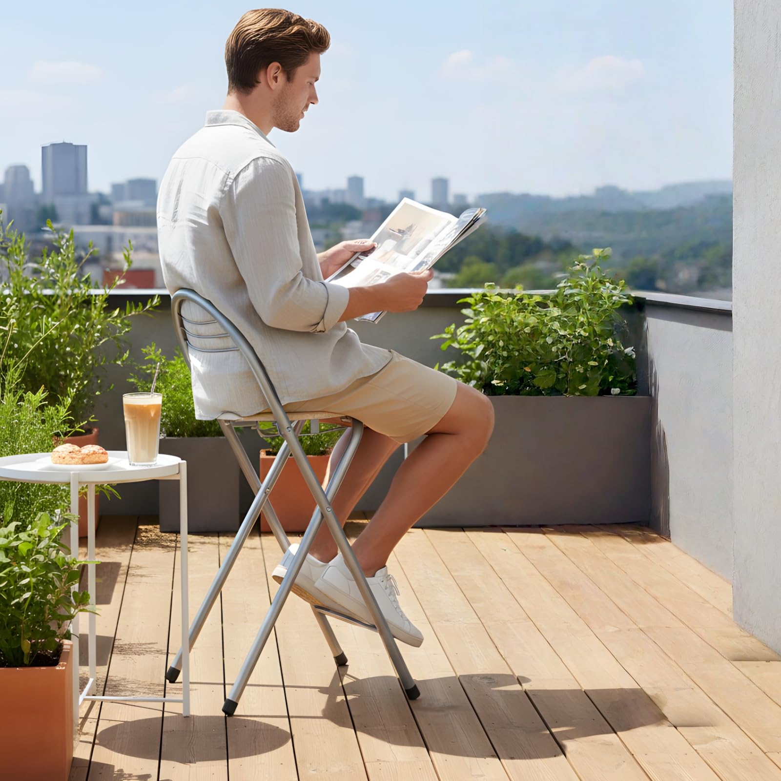 1 tabouret pliant avec dossier, portable, pliable, pour extérieur, jardin, balcon, cuisine, bars, camping, hauteur d'assise 61 cm (chêne et argent)