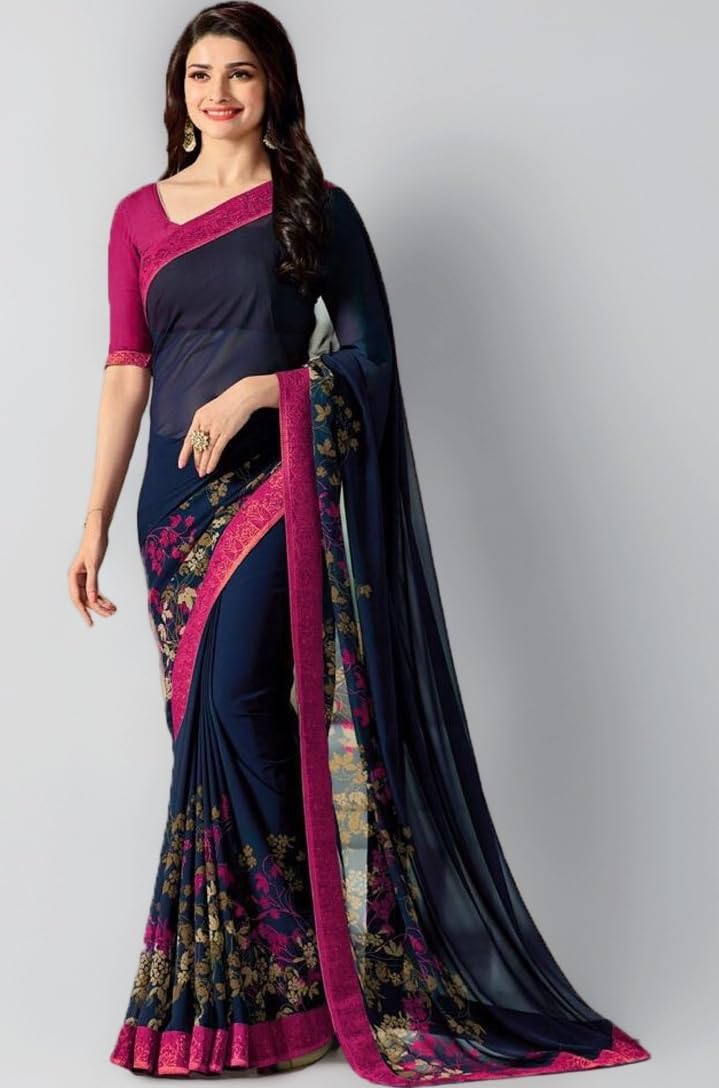 RAJESHWAR FASHION WITH RF Women's Georgette Printed Sarees Jacquard Lace Border Work Sarees For Women With Blouse Piece (Multicolored_Free Size 6.30 Mtr)