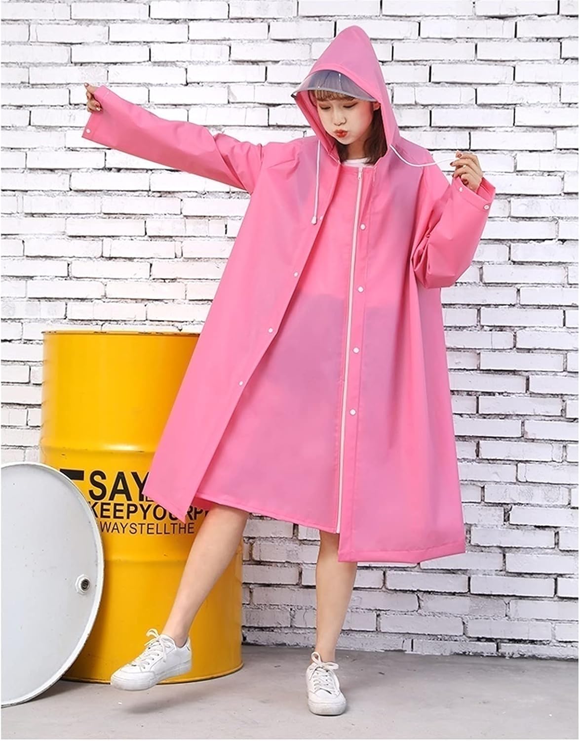 Rain Coats for Adults Reusable, Poncho Eva Raincoats for Men Women Waterproof Rain Ponchos with Drawstring Hood Rain Jackets Plastic Rain Gear for Hiking Travel ( Color : Pink , Size : M 150-160cm )