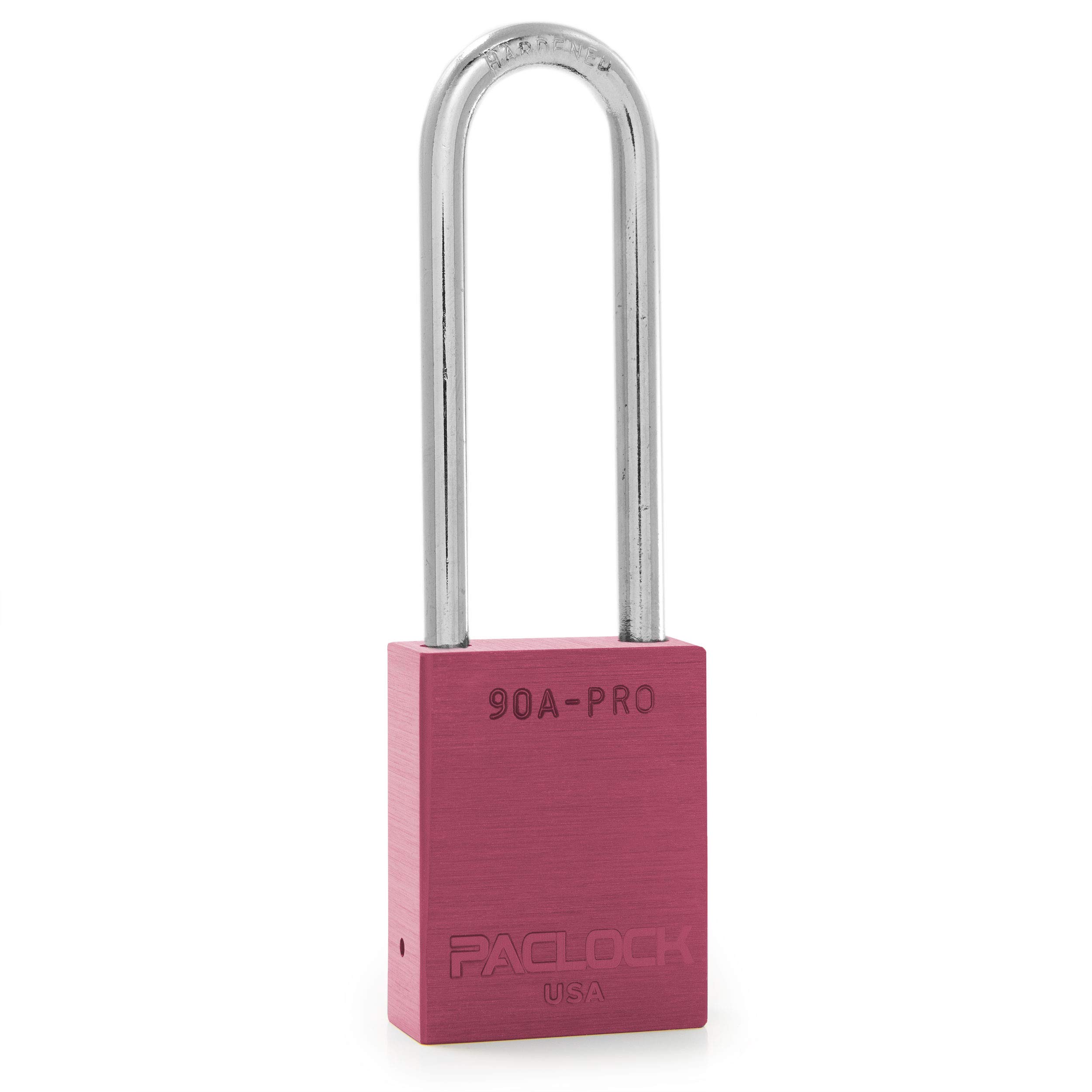 PACLOCK's 90A-PRO Padlock, 1/4" Diameter Hard. Steel Shackle, 3" Tall, High Performance 7-Pin Cylinder w/ 1 Key, Keyed Alike, Pink
