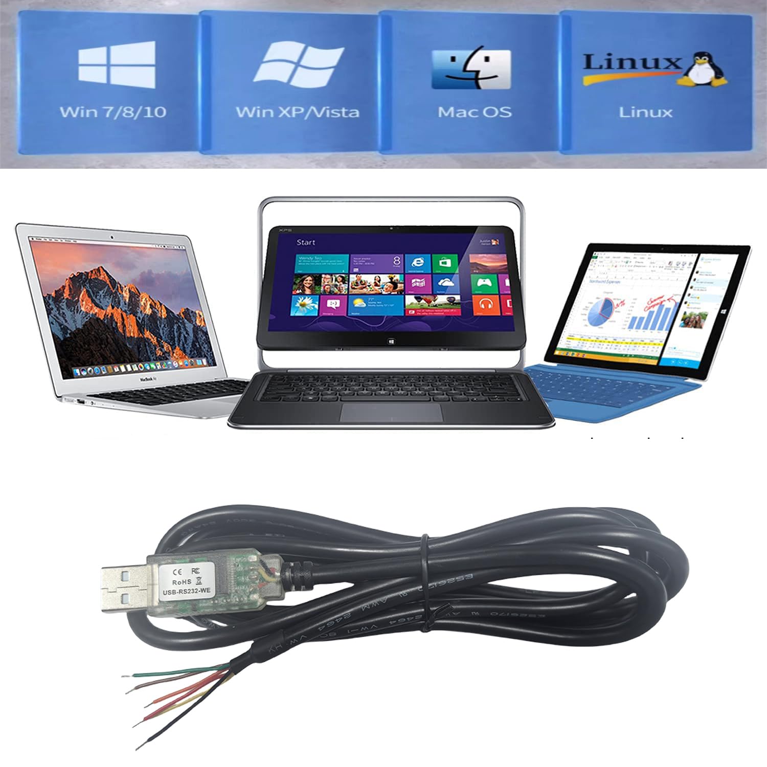 USB-RS232-WE-1800-BT-0.0 Câble USB vers série RS232 authentique puce FT232RQ compatible avec Windows 11 10 8 7 Linux Mac OS 6 voies (0 V)