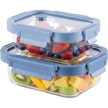 Amig - Set of 2 Hermetic Glass Containers - 370ml 640ml - Transparent Glass - Polypropylene Lid - Suitable for Storing Transporting and Heating Food - Mod. 900