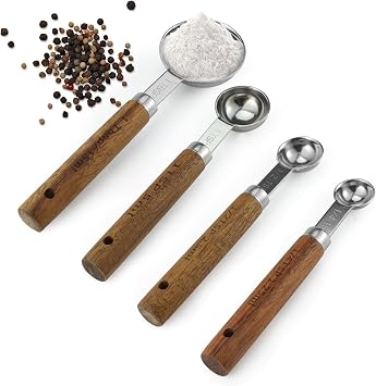 Measuring Spoons Set of 4, Stainless Steel Measuring Spoons with Wooden Handle, 1/4 tsp, 1/2 tsp, 1 tsp, 1 tbsp, Tablespoon and Teaspoon Metal Measure Spoon