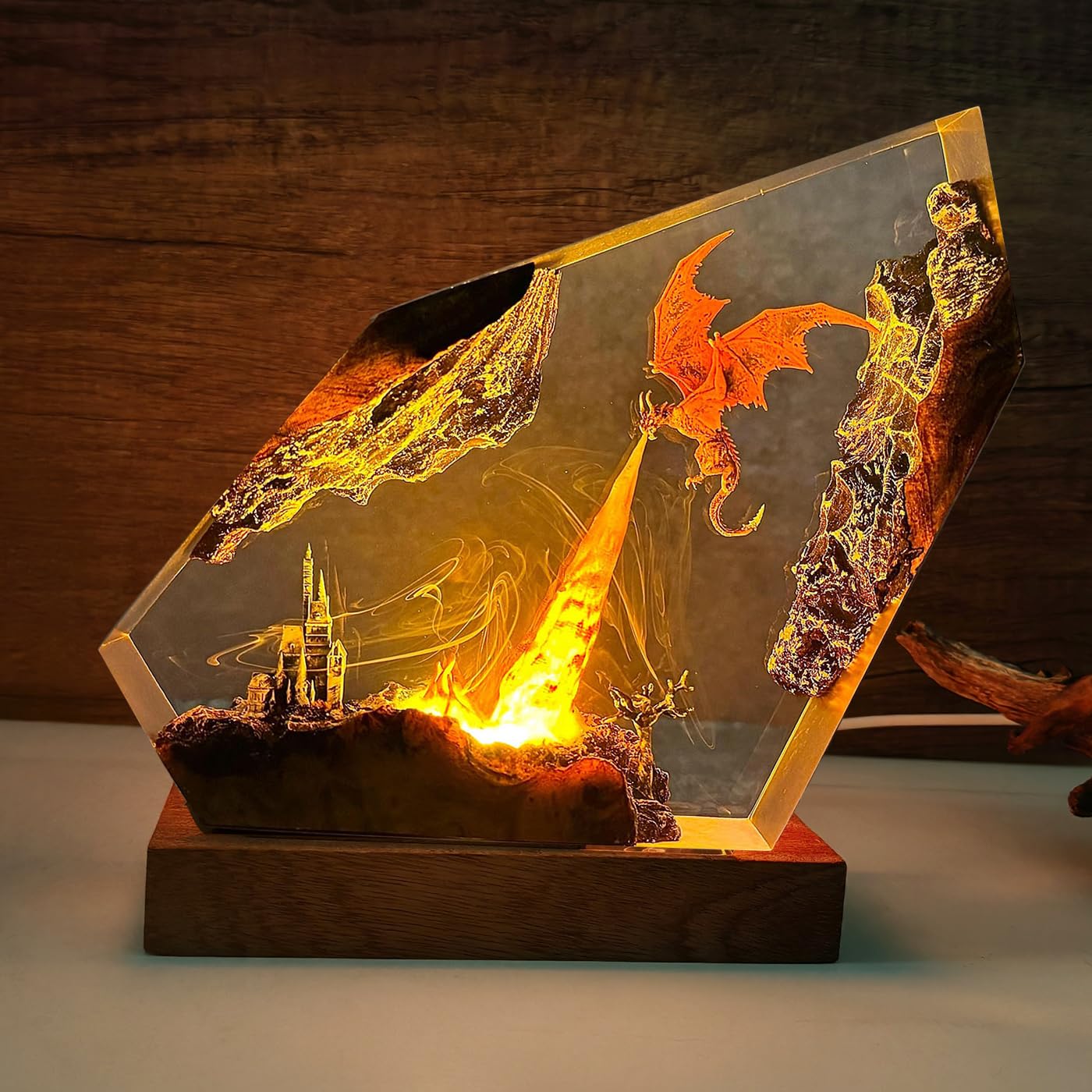 Epoxy Fire Dragon Resin Lamp, Handmade Resin Night Light with USB Port