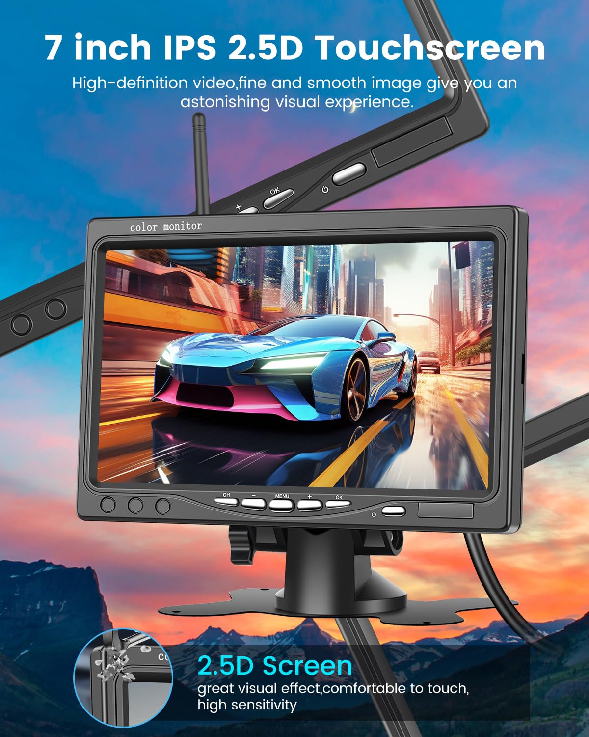 Kit de cámara de Respaldo inalámbrica con Dos cámaras 1080P: Pantalla HD de 7 Pulgadas, visión Nocturna Impermeable IP68 para Camiones, remolques, vehículos recreativos, Furgonetas y automóviles