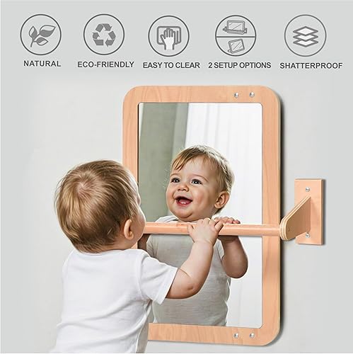 Miniatura 2 de Montessori Baby Espejo de seguridad inastillable 2 en 1 con barra de dominadas, montaje en pared infantil y juego en el suelo para el tiempo boca