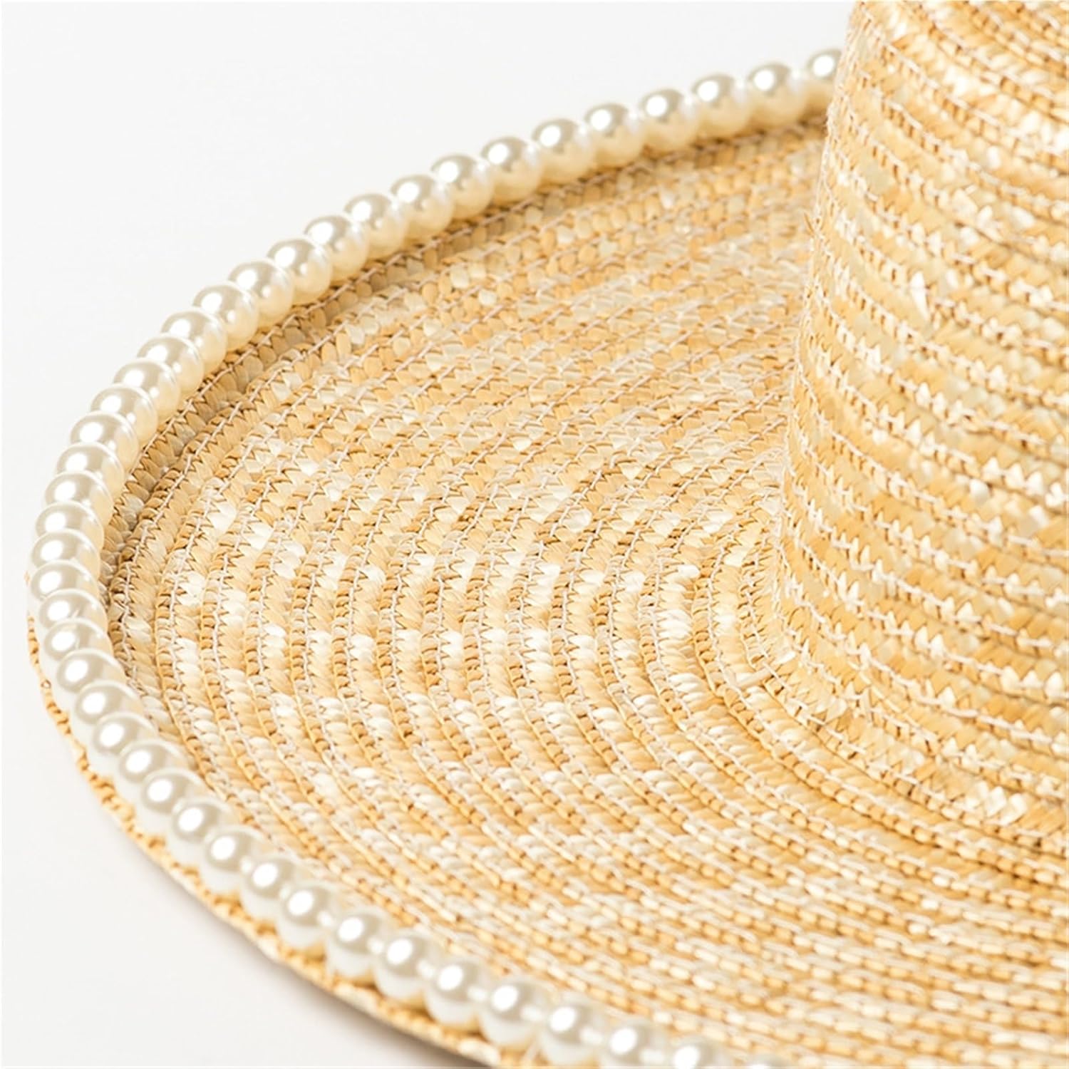 Legant Straw Flat Hat with Pearl Accent for Outdoor Travel and Beach Sun Protection