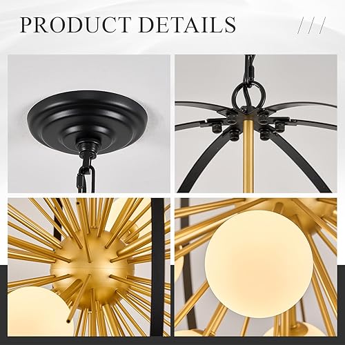 Miniatura 9 de Lámpara Sputnik moderna de 12 luces, color negro y dorado, de 31 pulgadas, colgante de techo de mediados de siglo, fuegos artificiales, globo con