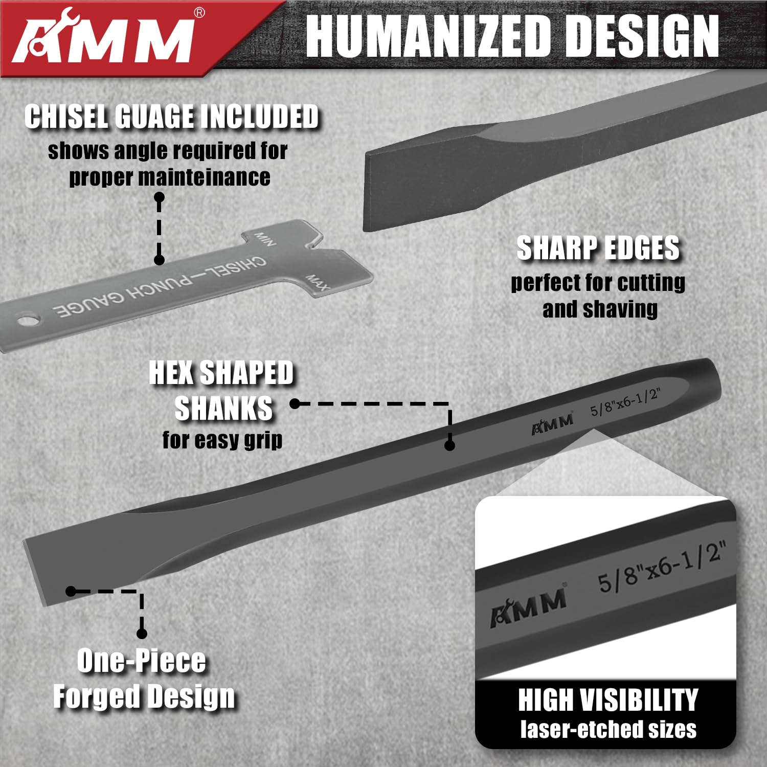 AMM Juego de 16 perforadores y cinceles, incluyendo punzón cónico, cinceles fríos, punzón de pin y perforador central, Cr-V, ideal para trabajar con madera, metal, automoción