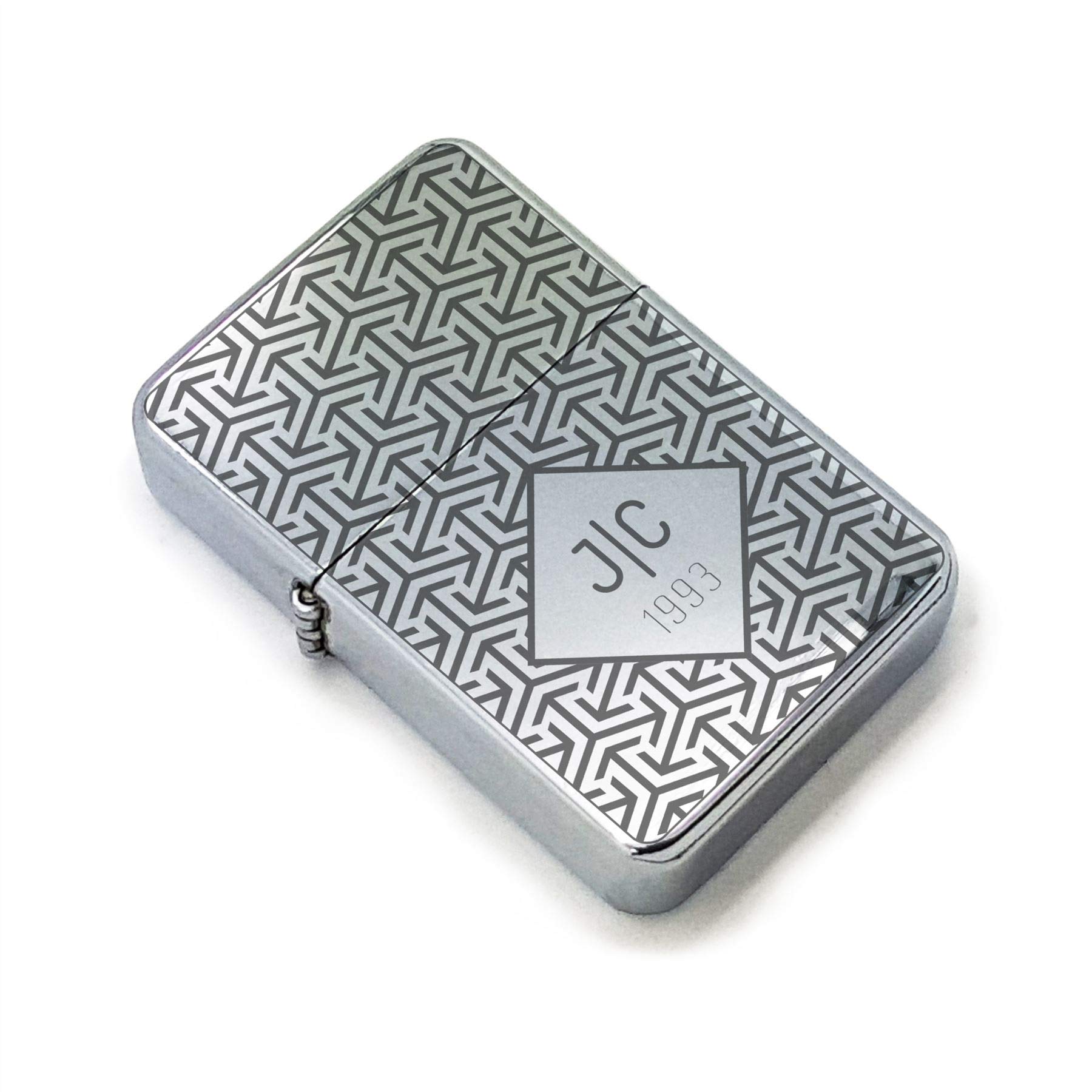 Personalised Engraved Polished Steel Lighter, with Box Illusion pattern, Add any Initials and Name, Comes with Soft Lined Metal Tin Gift Box for Presentation.