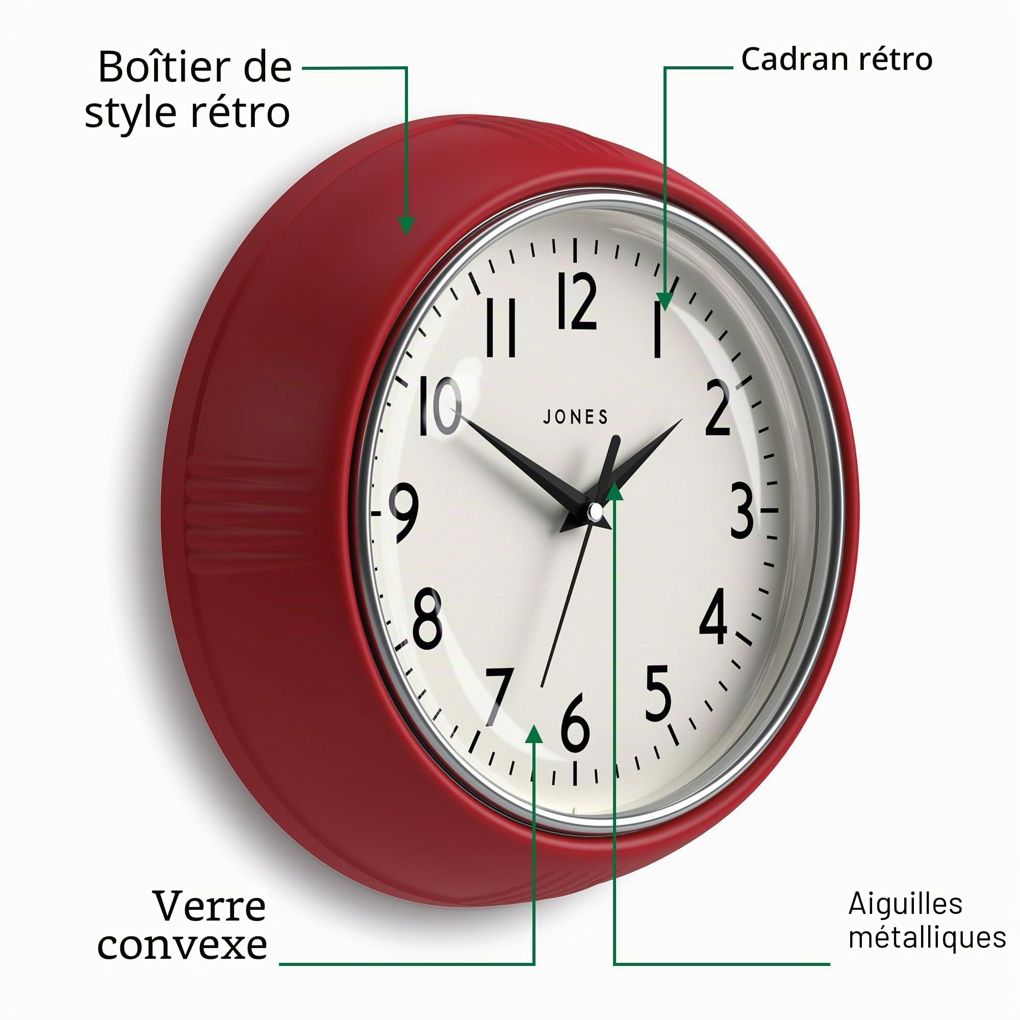 JONES CLOCKS® Ketchup Horloge Murale | Horloge Ronde rétro de Diner | 25cm | Rouge | Idéal pour la Cuisine, Le Salon, Le Bureau ou la Chambre à Coucher | des Chiffres faciles à Lire