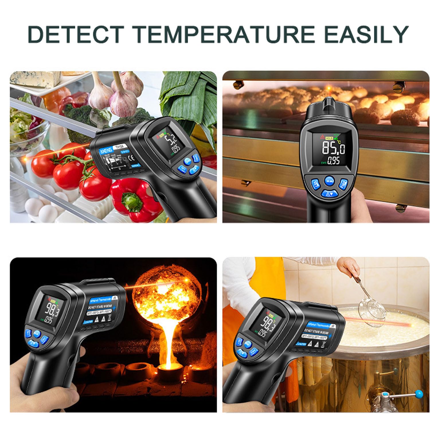 Sensor de termómetro, medidor de temperatura de calor portátil, la emisividad es ajustable y la emisividad se puede cambiar, aviso de batería baja y apagado automático en 20 segundos, para cocinar