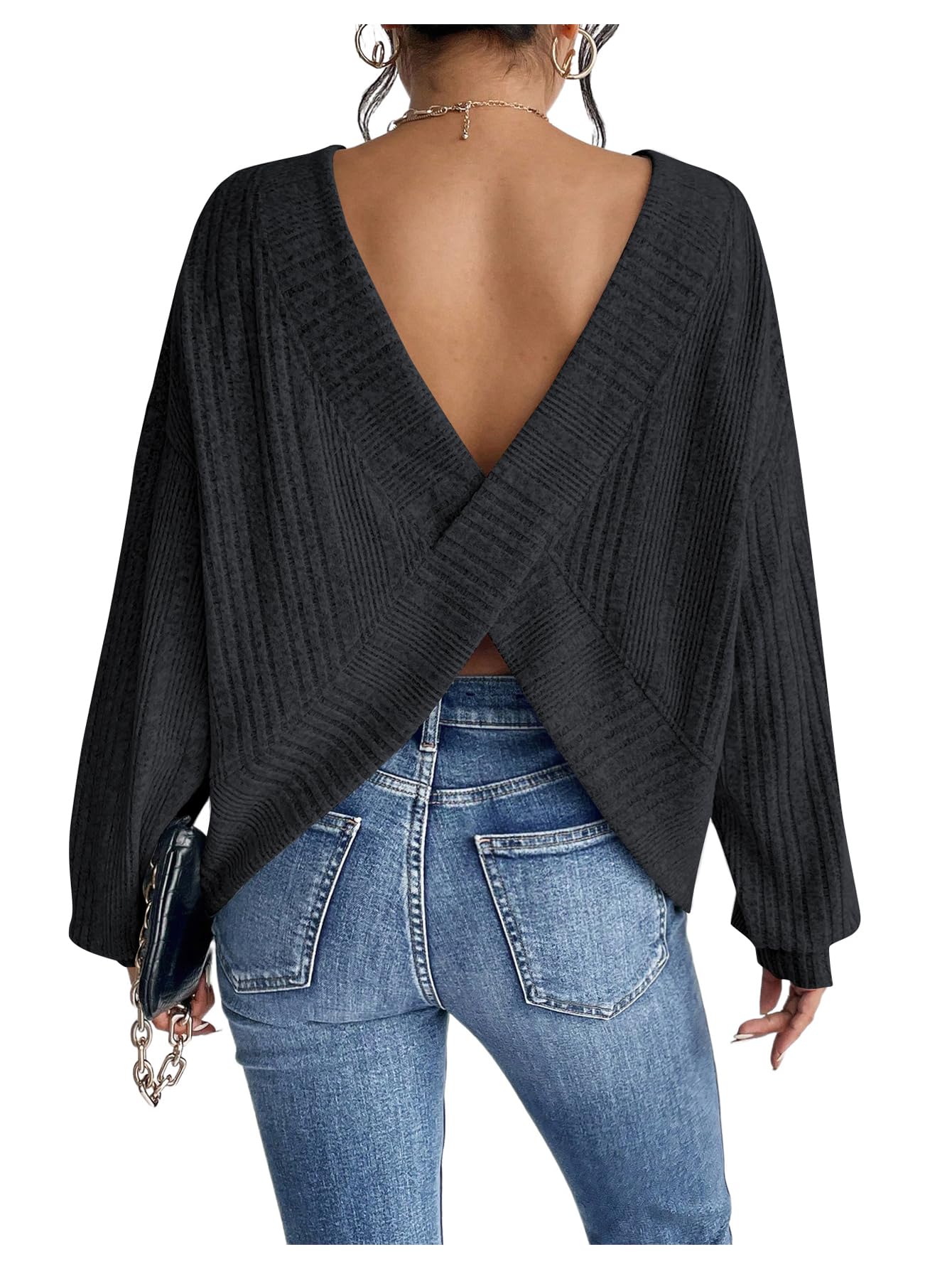 SweatyRocks Womens Criss Cross Round Neck Pullover Sweaters Long Sleeve Loose Cut Out Back Knit Tee Tops Backless