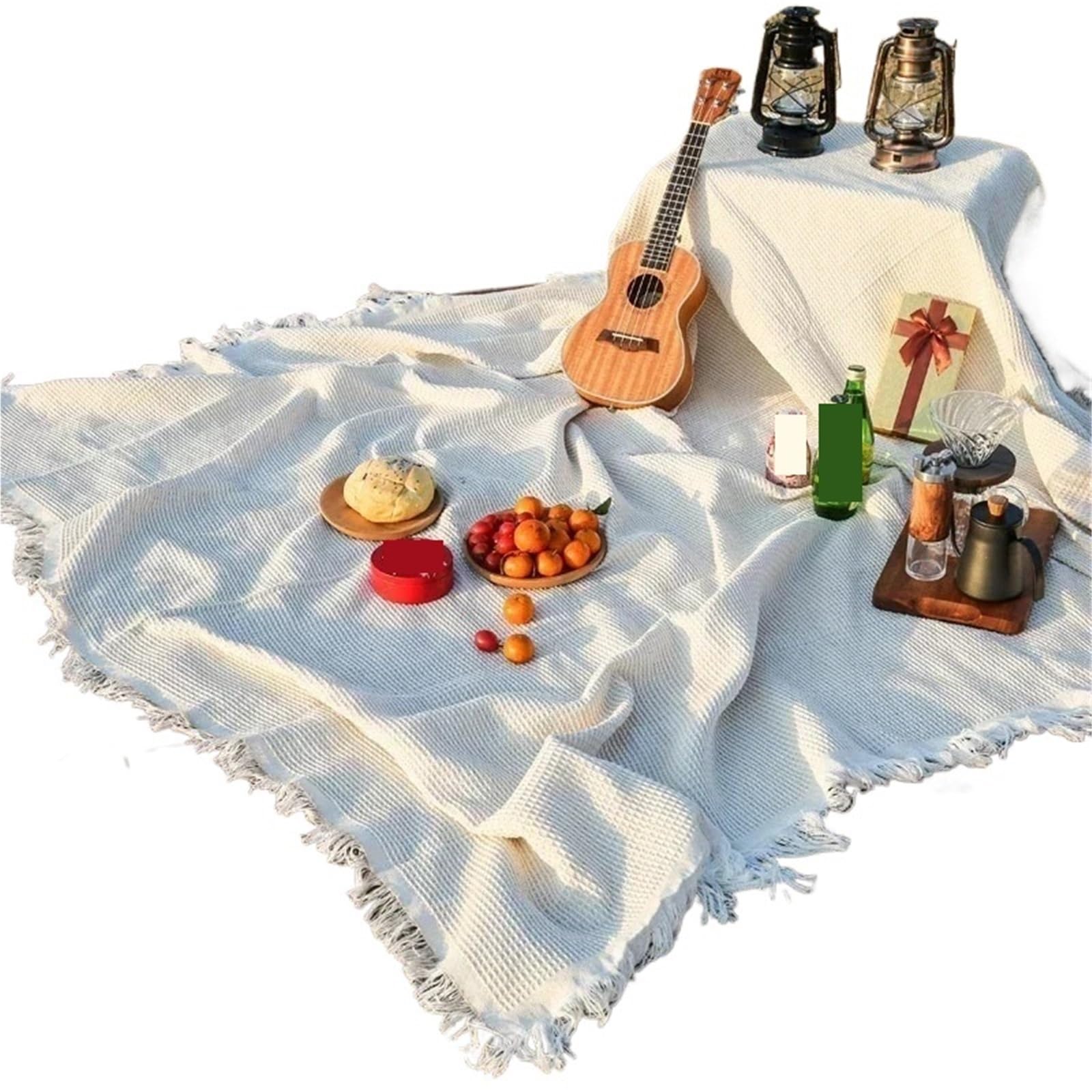 Couverture de pique-nique tricotée, tapis de pique-nique portable, voyage, randonnée, nappe, tapis doux, couverture de canapé, couverture d'extérieur pour jardin (180 x 300 cm) (blanc 180 x 180 cm (ca