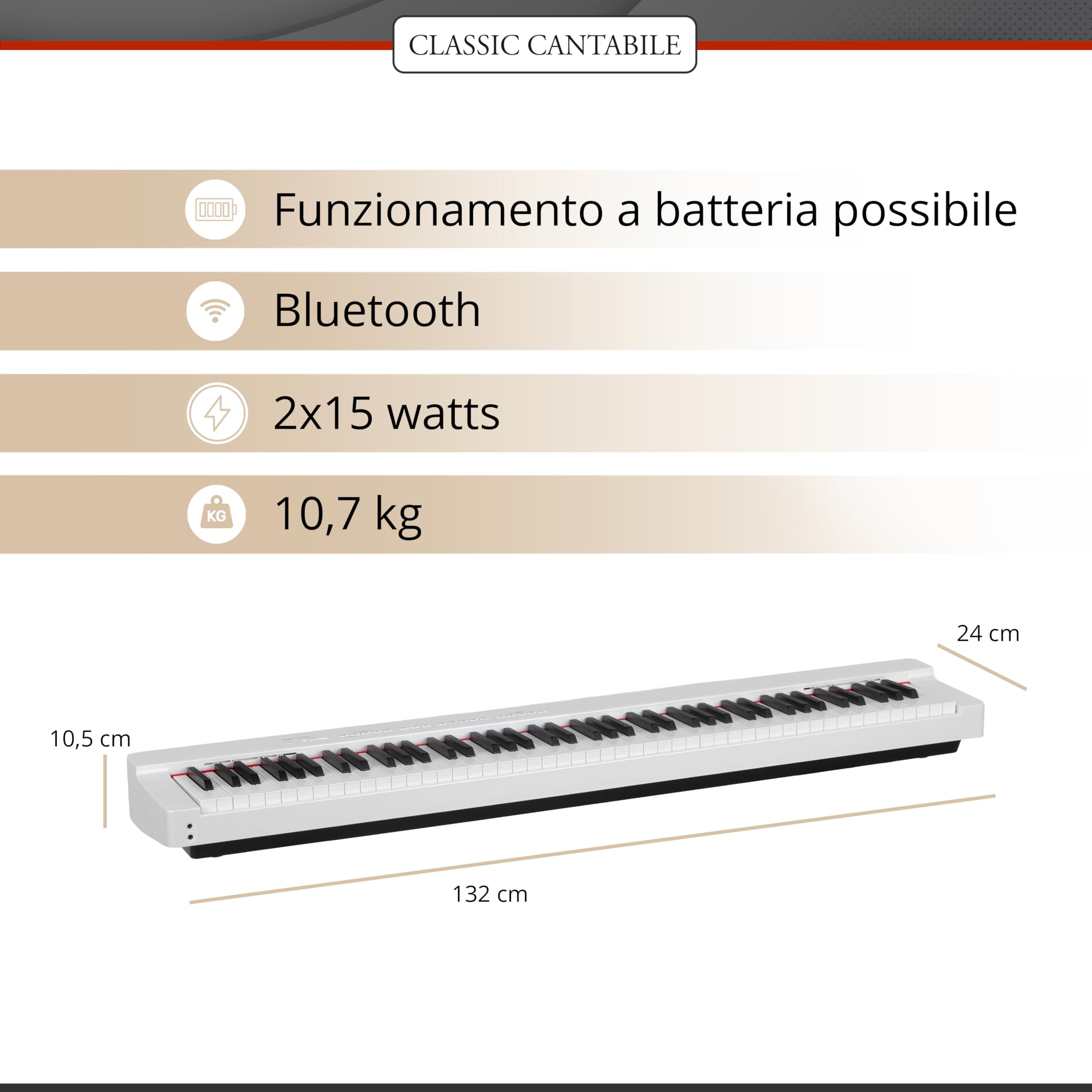 Classic Cantabile SP-316 Piano: 88 tasti pesati a martelletto, DAAS-sampling, polifonia 128 voci, altoparlanti integrati, 20 timbri, Bluetooth. Pianoforte digitale con pedale e alimentatore — Bianco