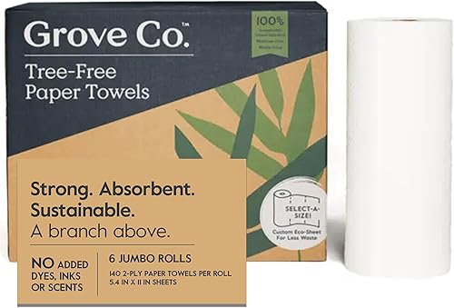 Grove Co. Toallas de papel de bambú, sin árboles y toallas de papel de cocina sostenibles, fuertes y absorbentes, con hojas seleccionadas