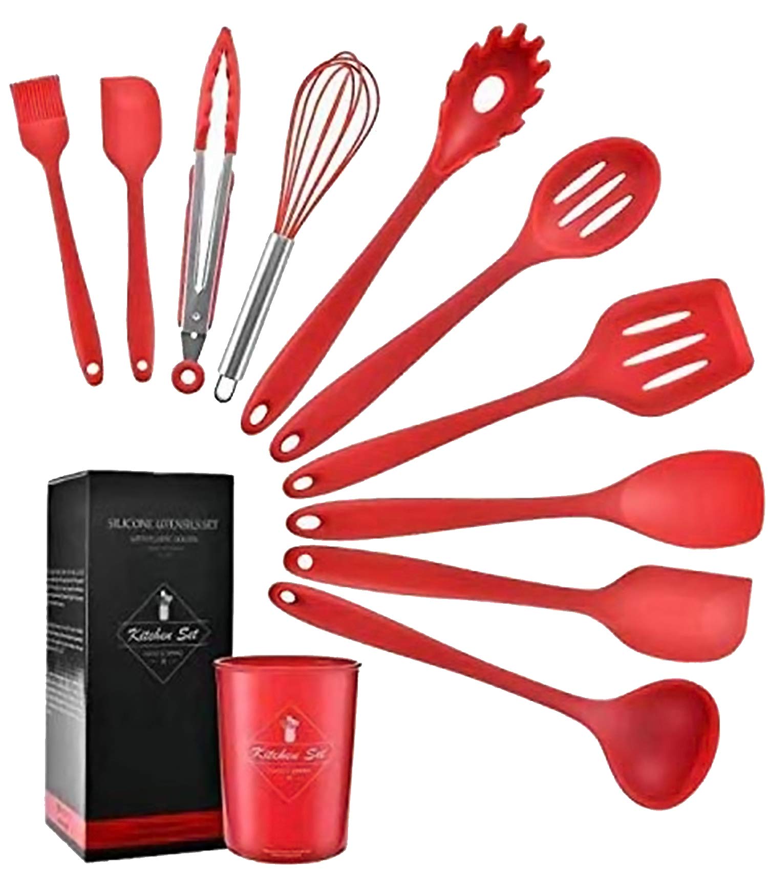 Cooking Utensils 11Pcs Silicone Kitchen Utensil Set Wooden Handles, BPA Free Nonstick Non-Scratch and Heat Resistant Cookware Set Great Kitchen Tools with Hooks, Red