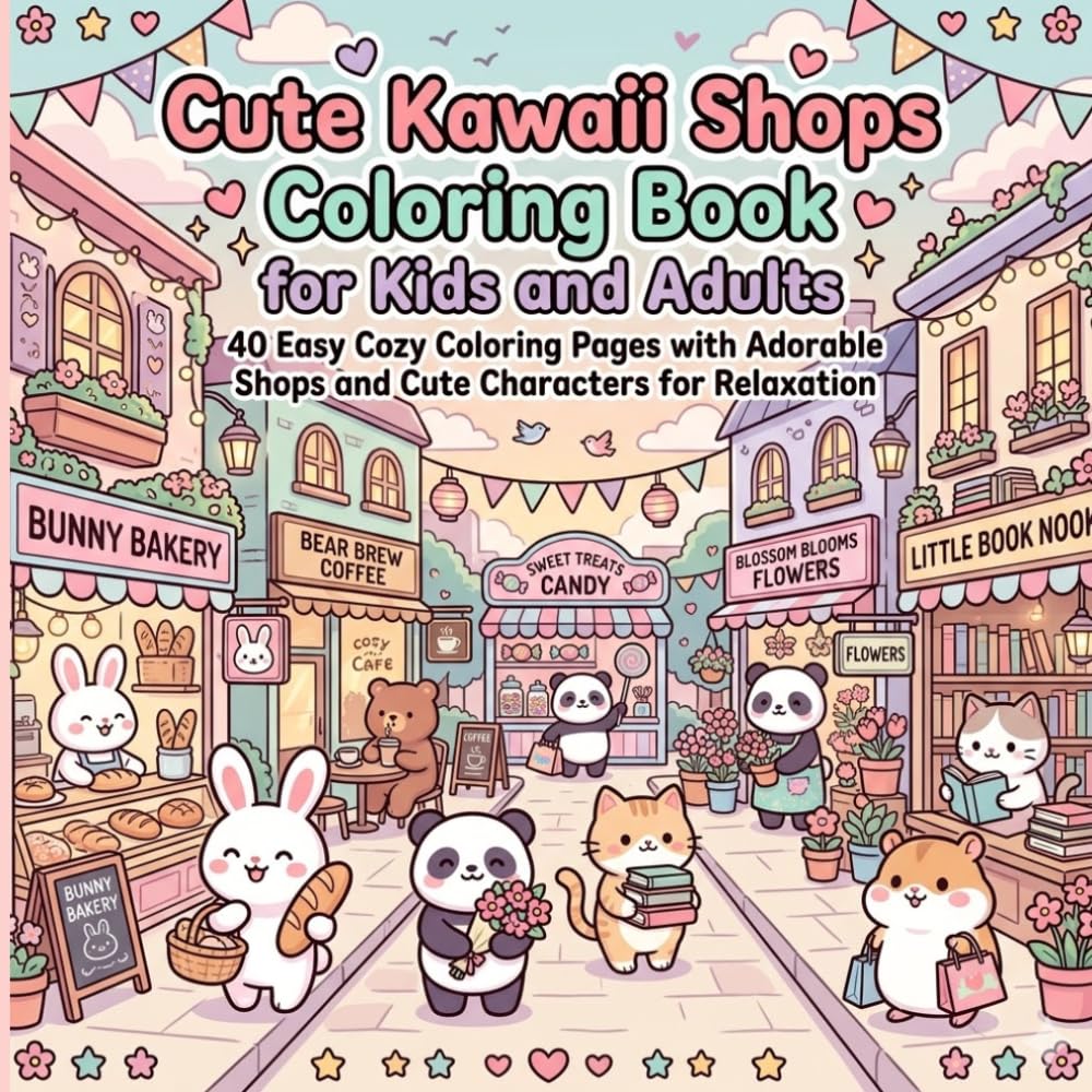 Cute Kawaii Shops Coloring Book for Kids and Adults: 40 Easy Cozy Coloring Pages with Adorable Shops and Cute Characters for Relaxation