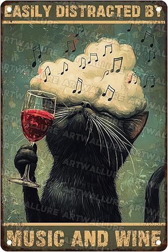 Placa de vinilo de gato negro vintage, placa de lata retro para amantes de la música, decoración de bodega, arte de pared, pintura rústica de