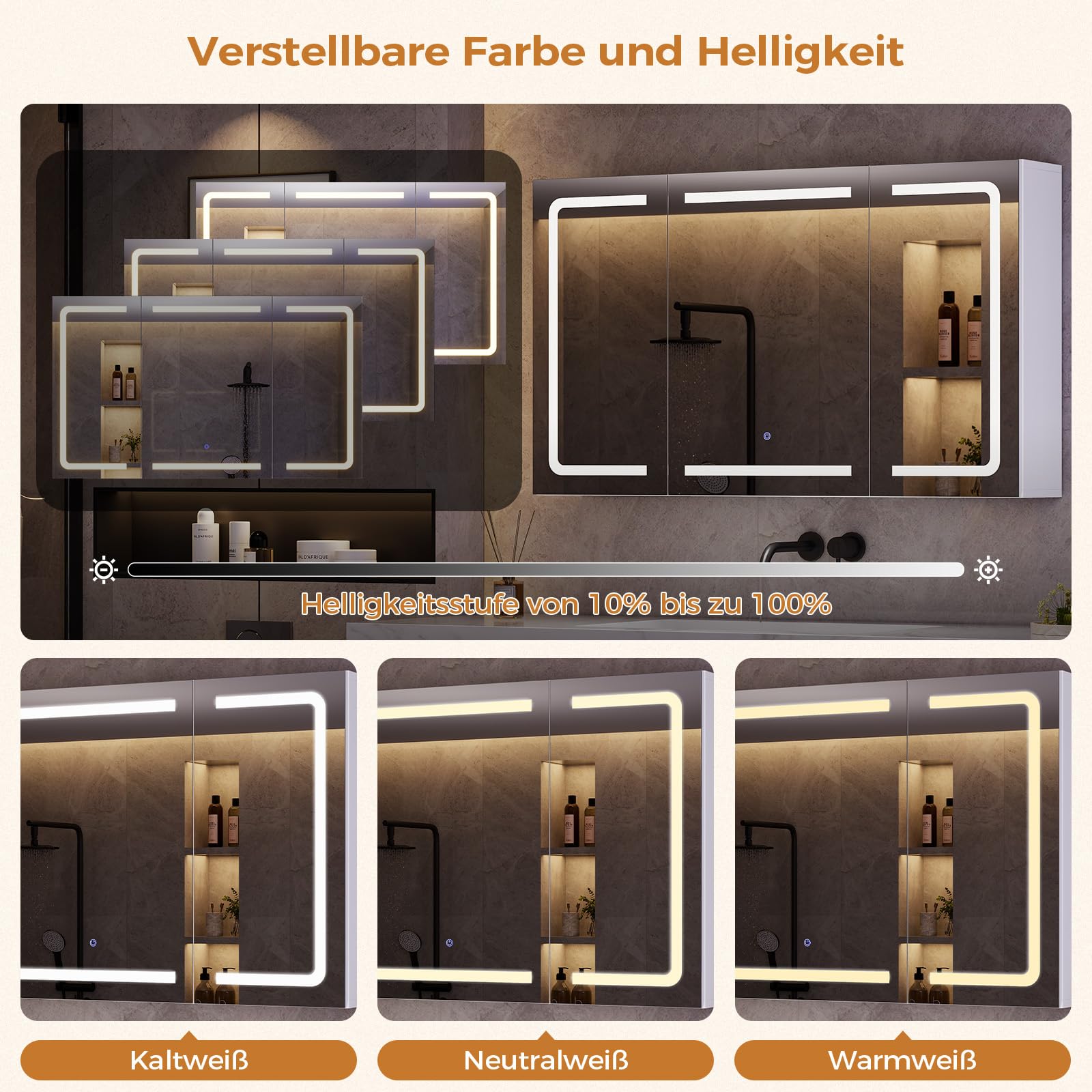 Spiegelschrank Bad 100 cm breit mit LED-Beleuchtung, Steckdose & 3 Farbtemperaturen | Dimmbarer Badezimmerschrank mit Touch-Sensor 60×100×16 cm (H×B×T) | Spiegel +3 verstellbaren Regalen