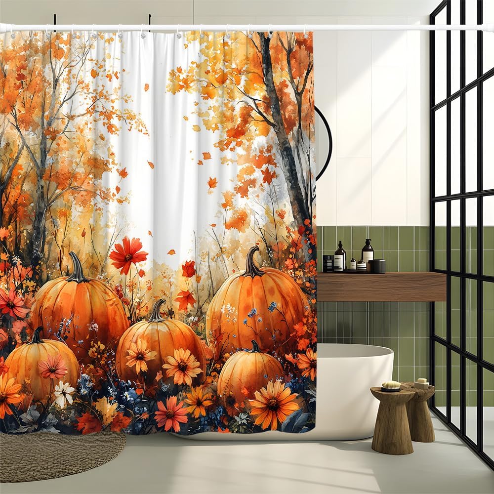 Fall Pumpkin Shower Curtain Farmhouse Thanksgiving Autumn Maple Forest Orange Flower Yellow Leaves Rustic Watercolor Floral Harvest Gold Branches Falling Leaf Decorative Curtain Polyester Fabric