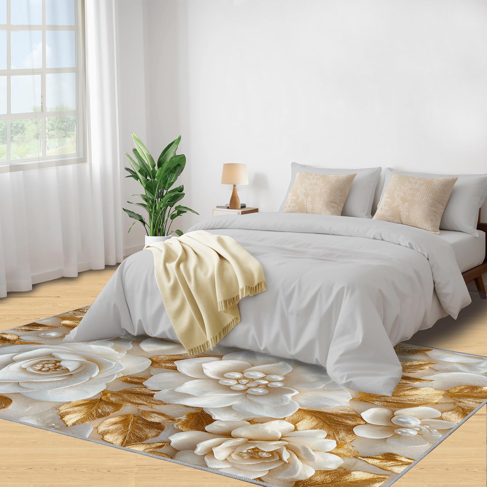 Perlenblüte Waschbar Teppich Weiß-goldene Blüten Teppich rutschfest, Luxuriöses Reliefblumenmotiv Teppiche für Esszimmer Schlafzimmer In & Outdoor Schmücken, 70x140 cm