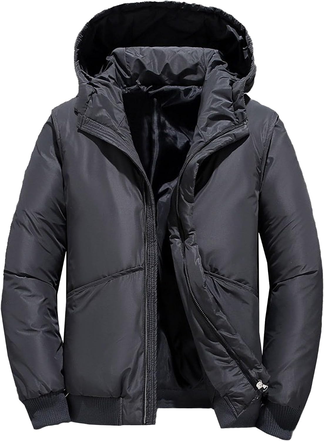 Mens Warm Down Jacket Hooded Zipper Cargo Padded Puffer Coat Winter Windproof Insulated Thicken Jackets