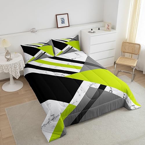 Miniatura 3 de Juego de edredón verde lima y gris, juego de ropa de cama geométrica verde, negro y blanco, tamaño individual, patrón de retazos, geométrico,