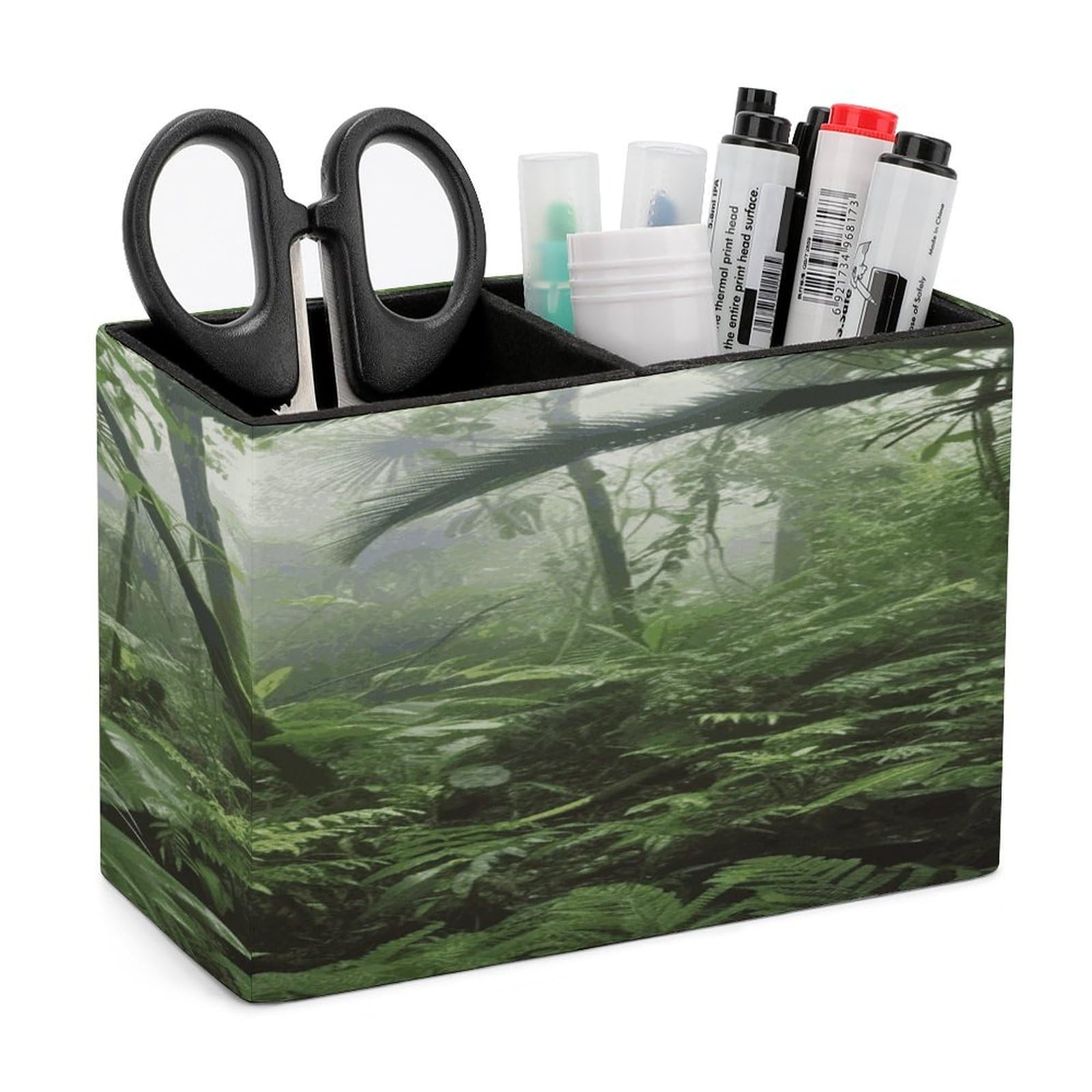 LDGSUPH Tropical Rainforest Leather Pen Holder for Desk Organizer Caddy Large Pencil Cup Multi-function Pencil Holder Makeup Brush Holders Pen Organizer for Home Office Storage Box