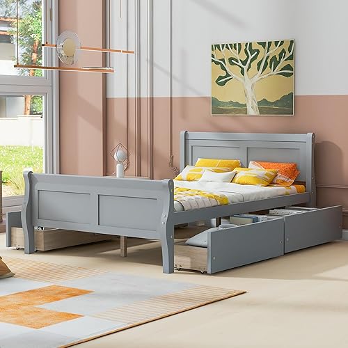 Miniatura 64 de Cama de plataforma de madera de tamaño individual con cabecera en forma de casa, soporte de listones de madera, para dormitorio de niños, niñas,