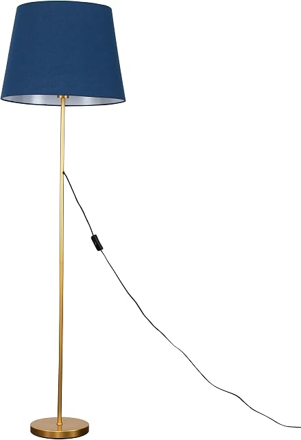 Modern Gold Metal Standard Floor Lamp with a Navy Blue Tapered Shade