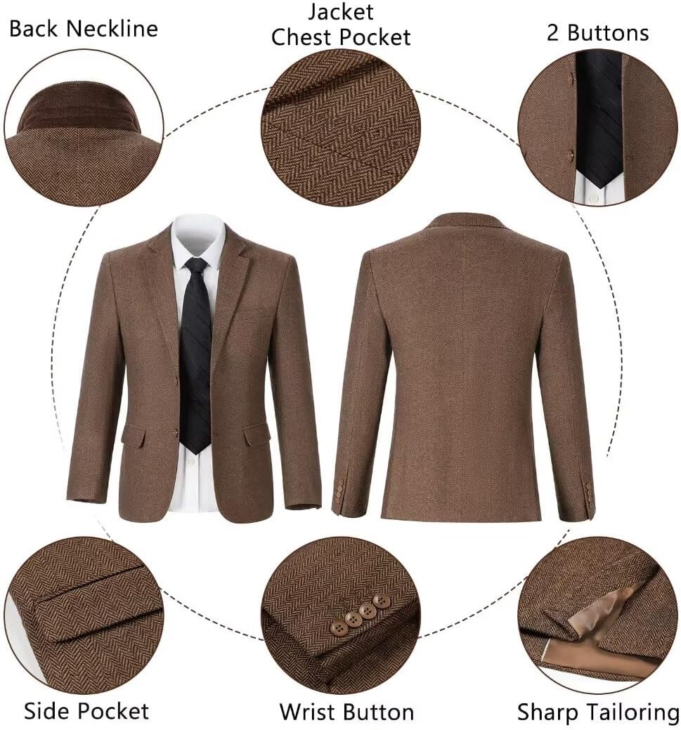 Retro Tweed Mens Suit Herringbone Slim Fit 2 Buttons Men's Jackets Sets Prom Wedding Jacket Blazer Pants Groom Tuxedo Set