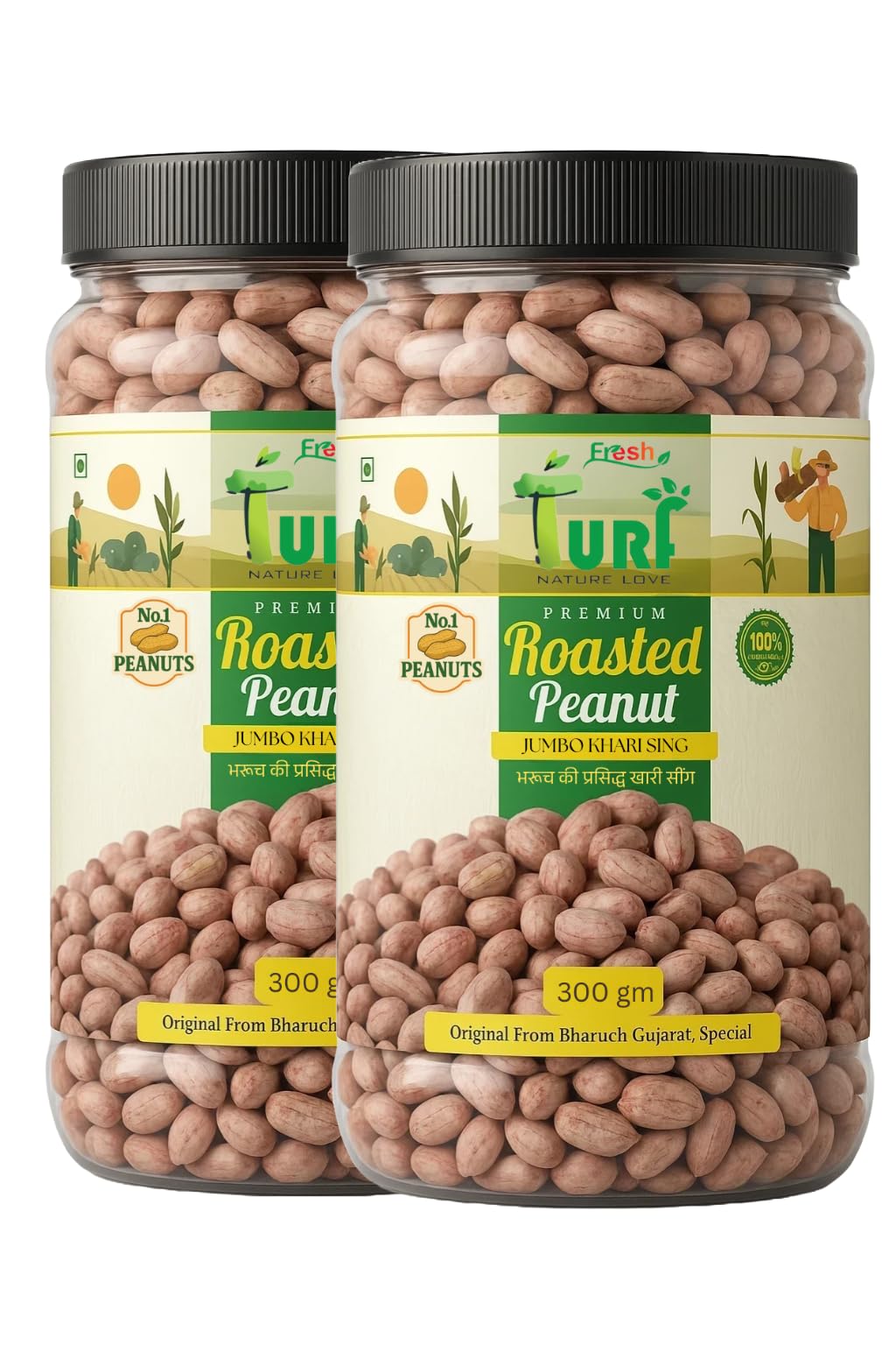 Turf Fresh Roasted Salted Jumbo Peanuts | Premium Khari Sing from Bharuch Gujarat | Crunchy Mungfali Dana Namkeen | Spicy Chakna Snack [Grade A Protein-Rich Healthy Peanuts] (Jodidar Pack – 300g x 2 jar)-image-46